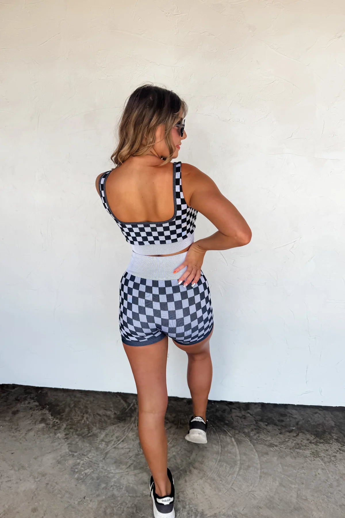 BLACK & WHITE CHECKER BRA & BIKER SHORT SET