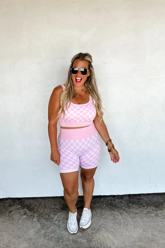 PINK & WHITE CHECKER BRA & BIKER SHORT SET